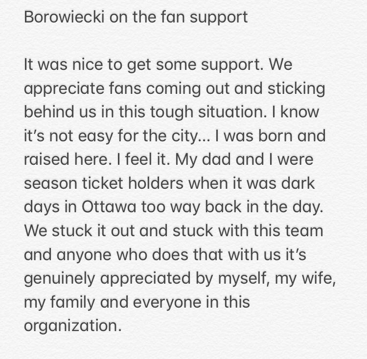 Creech__'s tweet photo. Mark Borowiecki was asked if the team noticed the fuller than usual building tonight and had a pretty heartfelt message for the fans https://t.co/GI1MFcbhMR
