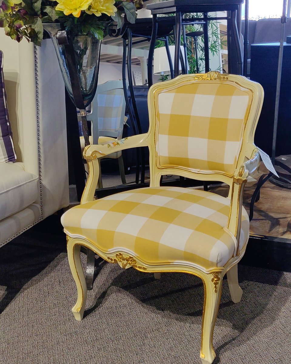 Bright beautiful yellow checkered  armchair has hit our showroom floor! 
2769-140 Berere Armchair with Checkered Yellow Fabric. Our price $225  #consignmentyyc #consignmentstore #YYC
