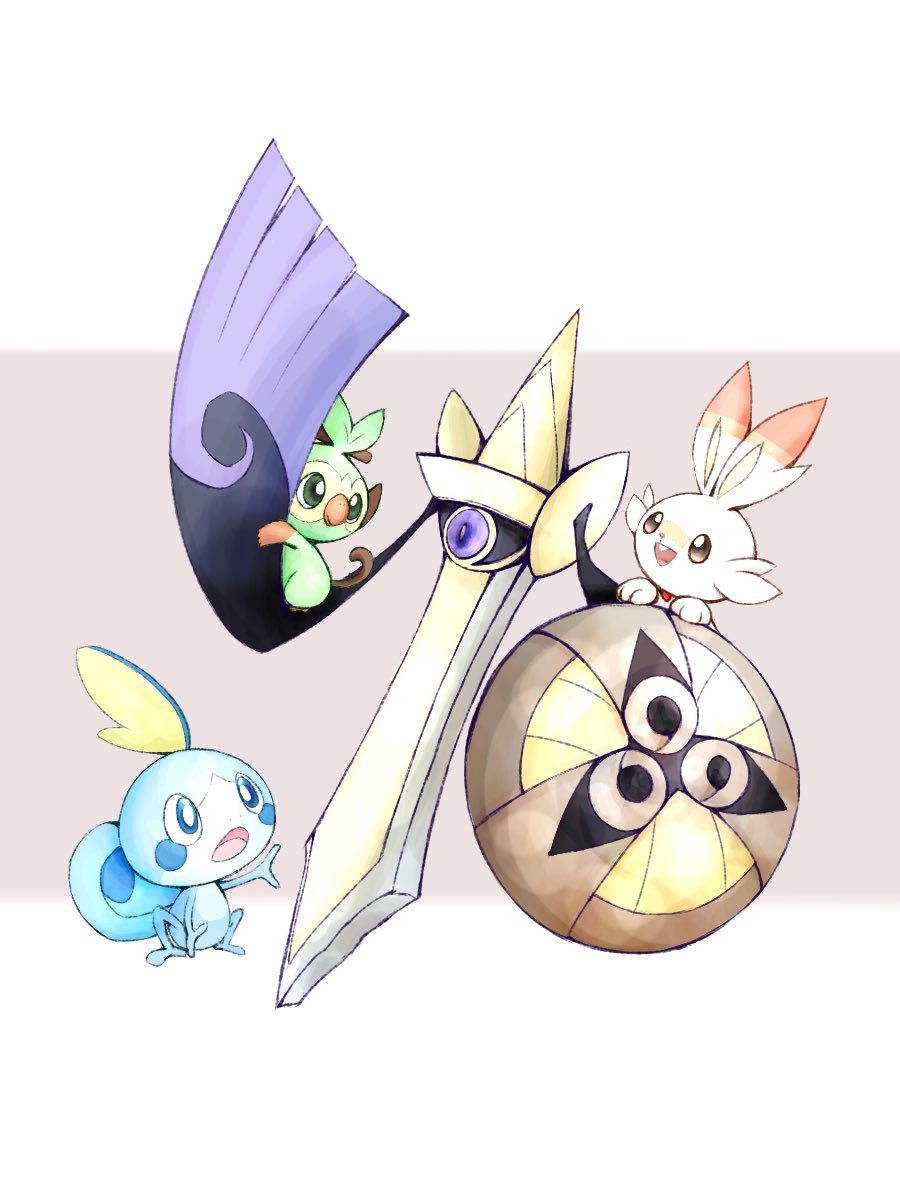 scorbunny ,sobble shield pokemon (creature) no humans open mouth starter pokemon trio weapon sword  illustration images