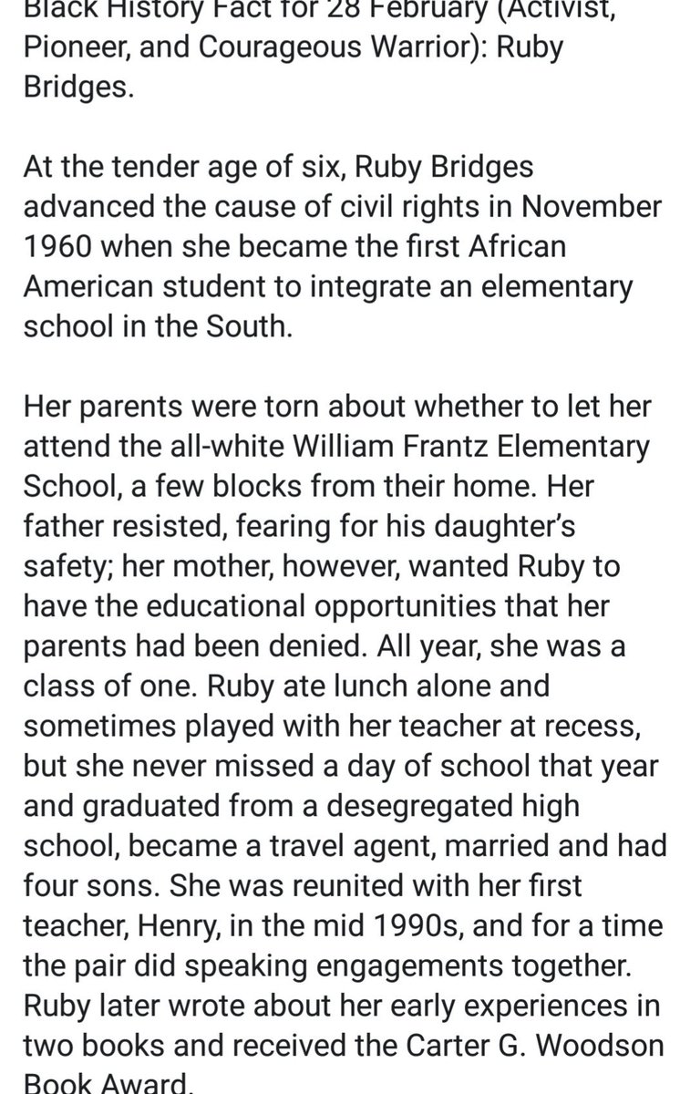 Black History Fact for 28 February (Activist, Pioneer, and Courageous Warrior): Ruby Bridges