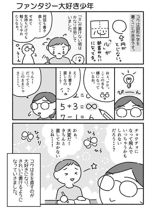 私も8が倒れる系小学生だったし未だに丸は上手く閉じられないので、子供の音読カードに〇とか◎とか書く度に「あぁぁー」って思うし、マンガを描く時の吹き出しにも「あー何で線こっちに行っちゃうの?」って思うし、自分を描く時は「何でメガネなんだよ」って思っている。 