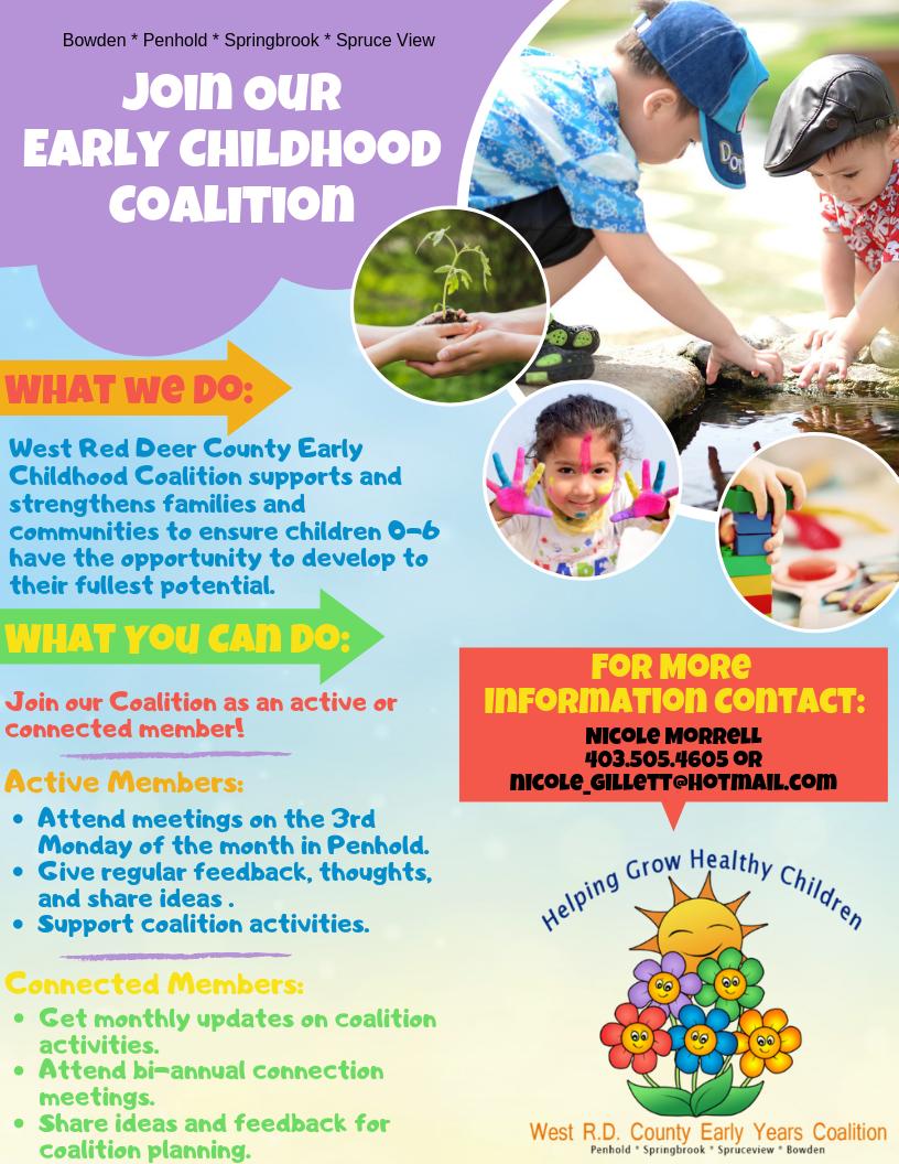 wrdceyc's tweet photo. We would love to have you join our coalition!! Working together to help our communities raise happy, healthy children. #Penhold #Springbrook #Bowden #SpruceView https://t.co/DfkDtBE7hj