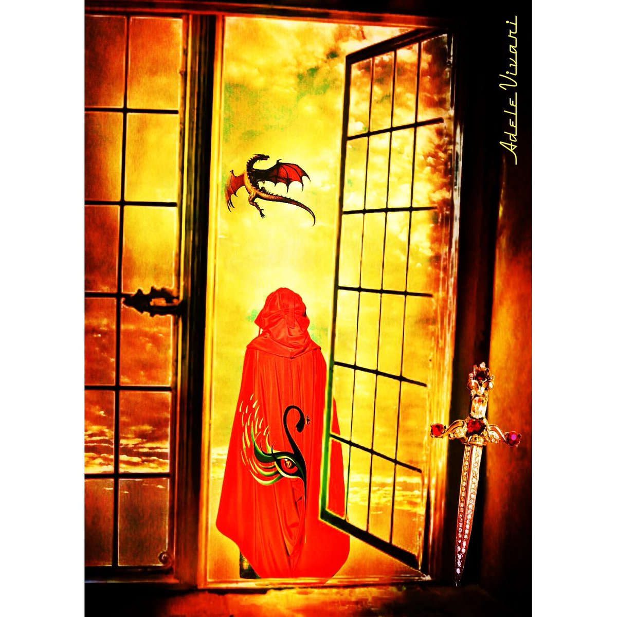 🎭 Black swan with the golden crown was clearly visible on her red silk coat. Early morning  Ruby Sparkling Dragon flew high in the sky. She left the magic siver sword in Dark Fortress, oh yes, she was ready unarmed to meet with unknown  ..Adele and Dragons by Adele Vivari 🎧