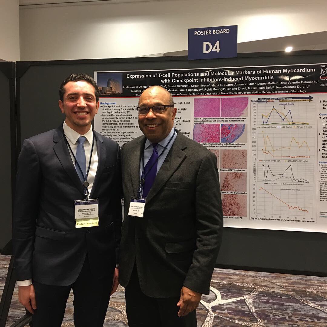 Abdul_Zarifa's tweet photo. At #ASCO_SITC @sitcancer to present a patient who had #myocarditis after 2 x#nivolumab. By the multidisciplinary approach incorporated with the research driven care followed at #MD_Anderson @MDAndersonNews, the patient survived. Many thanks indeed for @ANaingMD and Dr. Durand. https://t.co/lhdADtlDux