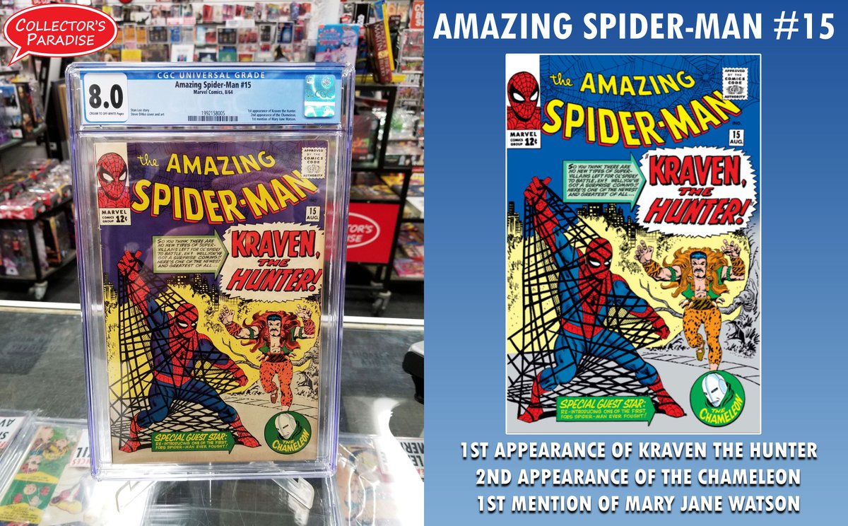 cparadize's tweet photo. ⚡️COLLECTOR'S SHOWCASE SPOTLIGHT⚡️
🕸️AMAZING SPIDER-MAN 15🕸️ (1964) by Steve Ditko & Stan Lee
1st Appearance: Kraven the Hunter
2nd Appearance: Chameleon
1st Mention: Mary Jane Watson
#CollectorsParadise #CPCGC #CGC #Comics #Comic #ComicBook #ComicBooks #spiderman #kraven https://t.co/pcXP1TGbrW