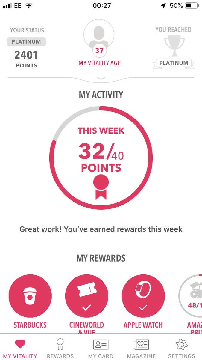 Platinum for another year only a month later this year. Happy days. @FitnessRewards1 <a href="/Vitality_UK/">Vitality UK</a> #platinum #rewards
