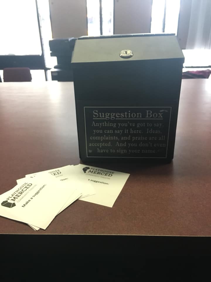 PlayhouseMerced's tweet photo. The suggestion box is back! If you have any questions, comments, or concerns about what’s going on here at Playhouse Merced, you can come by the Box Office and write them out. https://t.co/iz9l4AfBFH