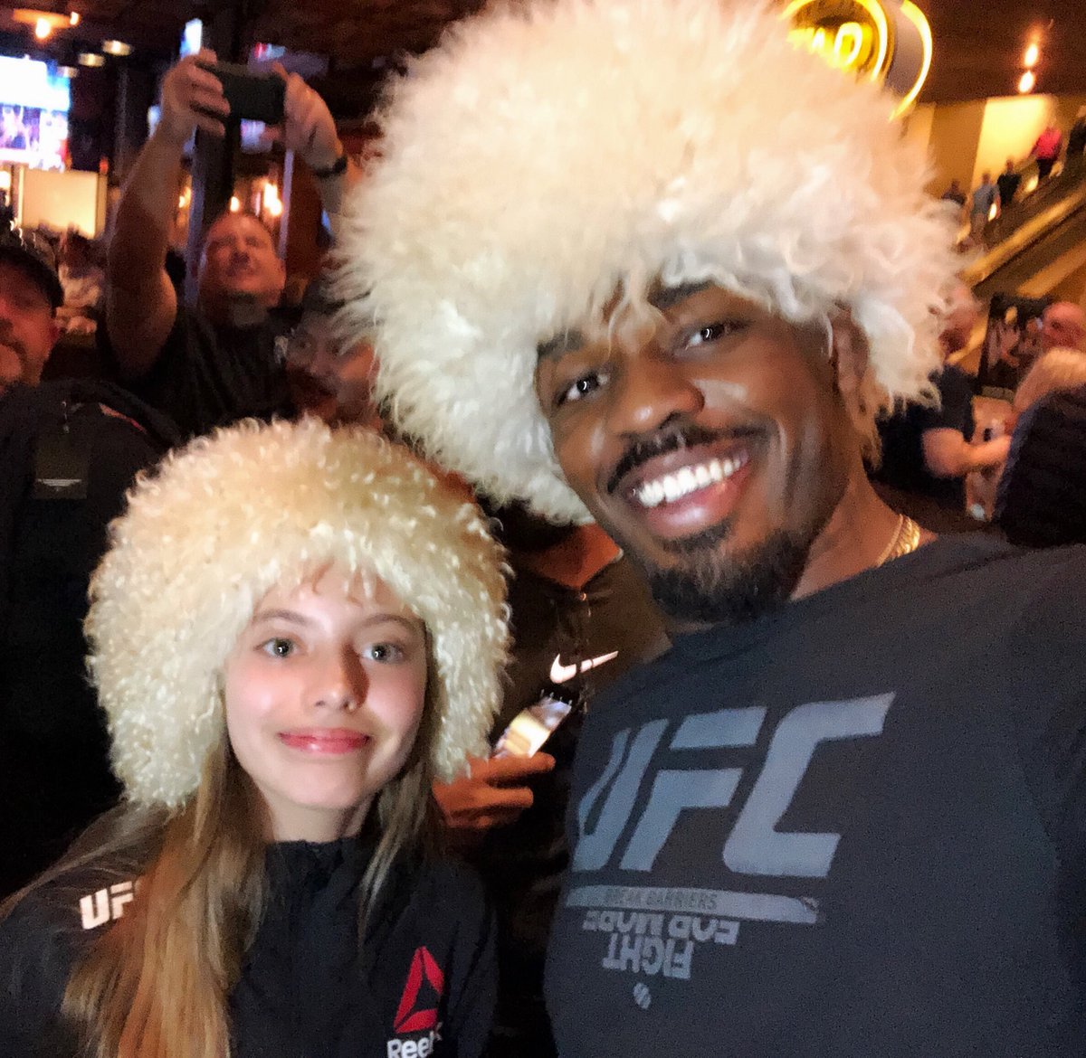 Jon jones instantly said “Khabib time when he saw me  and put on Khabib’s papakha  without me even having to ask. He was so nice to me and all the fans. Jon spent an hour of his time taking  pictures with every fan who showed up to the open work out . I’m So excited for #ufc235