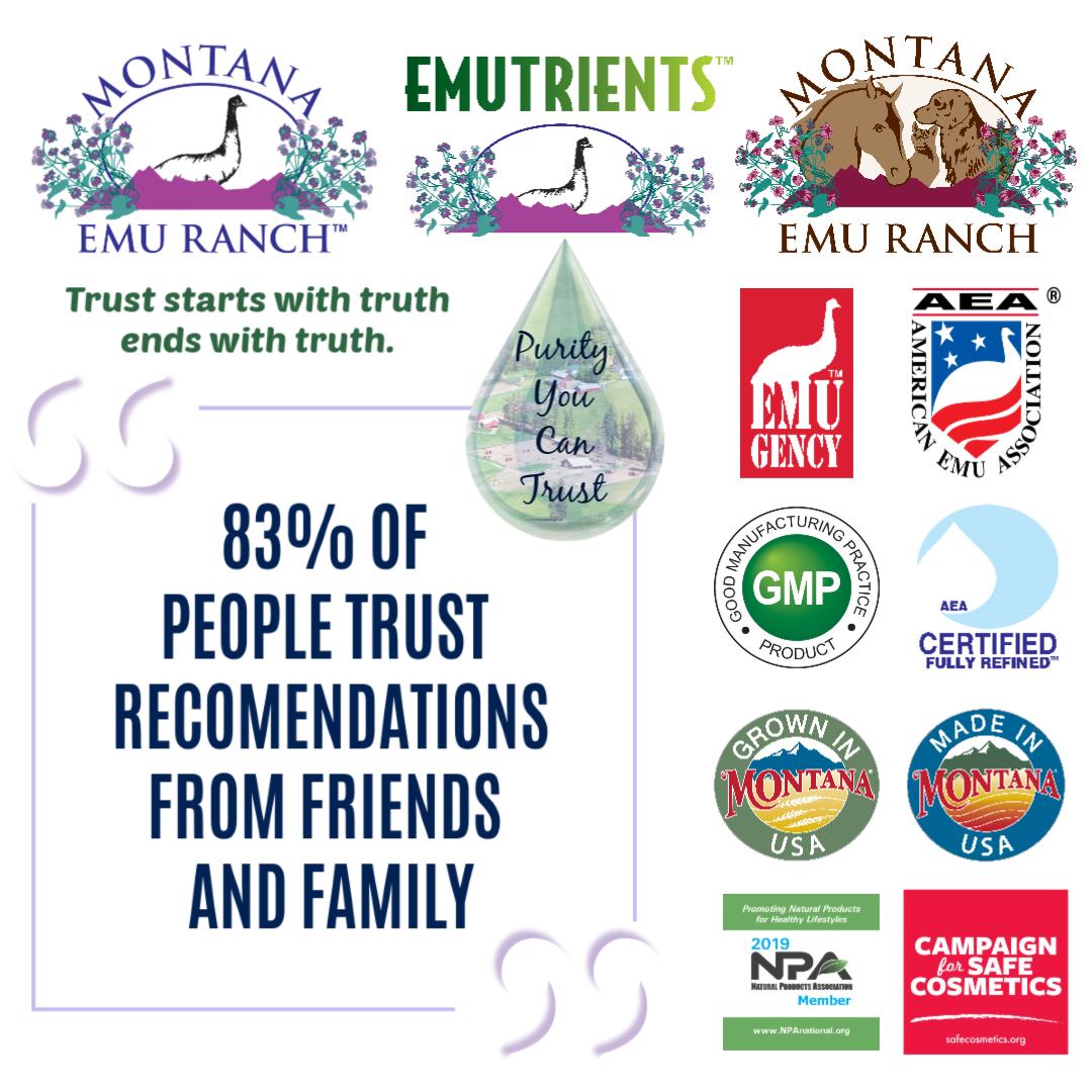 RanchEmu's tweet photo. We want to hear from YOU as to why you trust and would recommend our products! Share with us! #montanaemuranch #emulove #emuoil #madeinmontana #growninmontana #emugency #emutrients #supportlocal #goodmanufacturingprocess #naturalproductsassociation #campaignforsafecostmetics https://t.co/bLCGKoBgeO