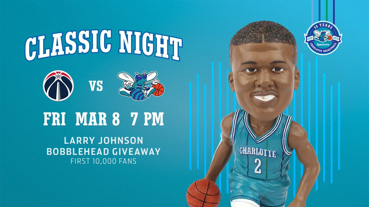 hornets's tweet photo. ❗️NEXT CLASSIC NIGHT❗️ This Friday, March 8 vs. Washington! The first 10,000 fans get a Larry Johnson bobblehead 💪 #hornets30

@Ticketmaster 🎟 https://t.co/uGgdeCZPyK https://t.co/WF424SNvop