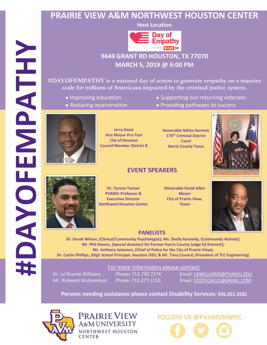 PVAMUNWHC's tweet image. PRAIRIE VIEW A&amp;amp;M NORTHWEST HOUSTON CENTER 
Host Location #DAYOFEMPATHY
9449 GRANT RD HOUSTON, TX 77070 
MARCH 5, 2019 @ 6:00 PM
powered by #cut50