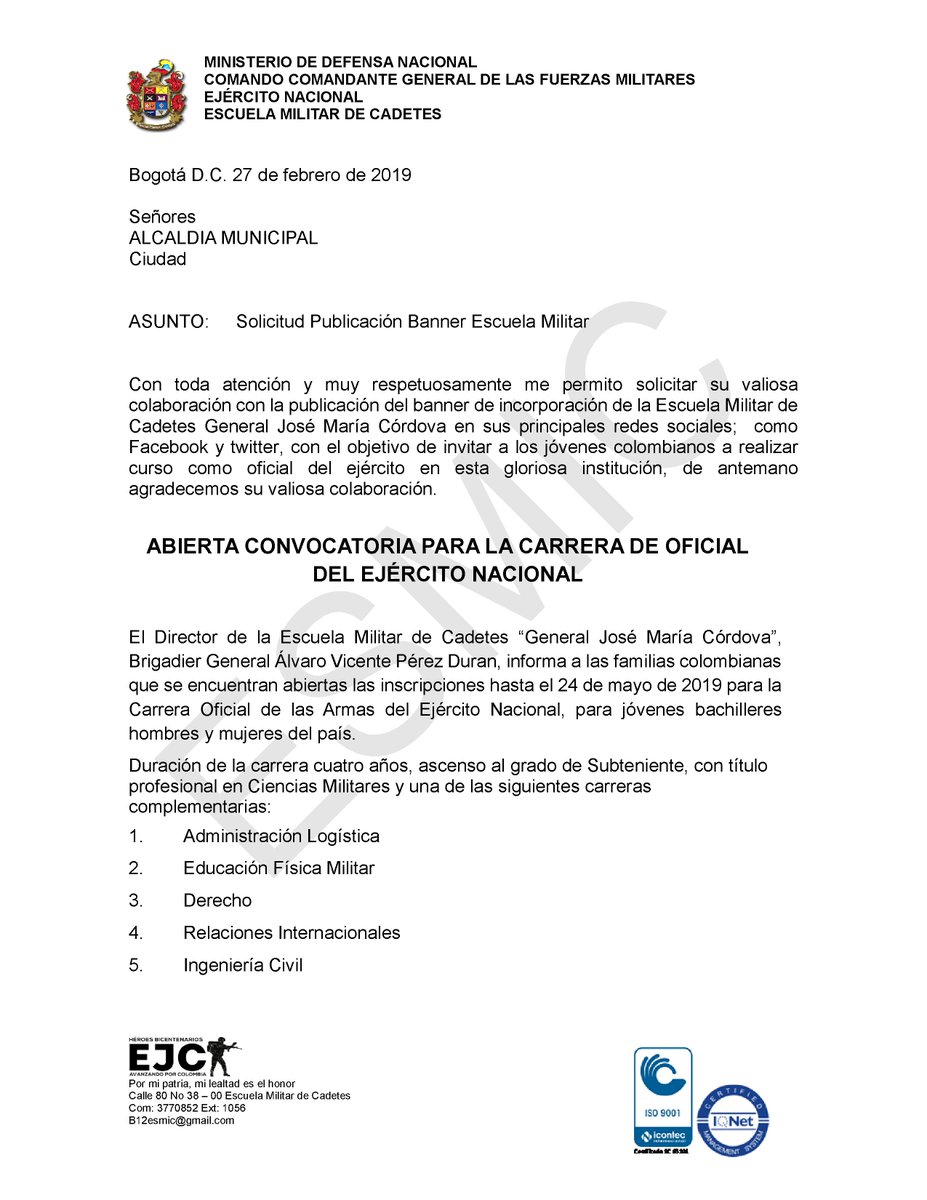 alcSimijaca's tweet photo. ABIERTA CONVOCATORIA PARA LA CARRERA DE OFICIAL
DEL EJÉRCITO NACIONAL https://t.co/6wX70xlEL4