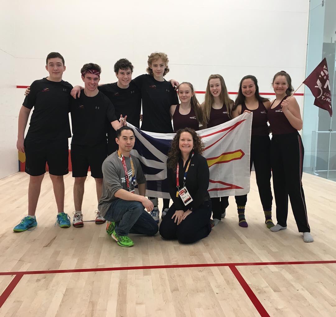 teamnl's tweet photo. Our very spirited #CGSquash team! Our boys team is just about to kick off this evenings competition vs PEI #GoTeamNL https://t.co/VZthVUi0el