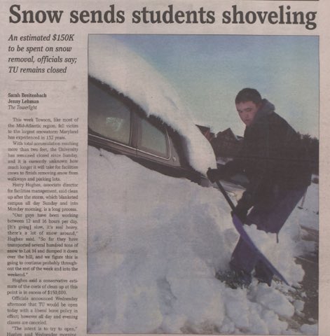 TheTowerlight's tweet photo. FROM THE ARCHIVES: In The Towerlight's Feb. 20, 2003 issue, a snow storm of more than two feet left students out of school for more than five days and Towson spent an estimated $150,000 on snow removal. #ThrowbackThursday #Snow https://t.co/068F8RtWEz