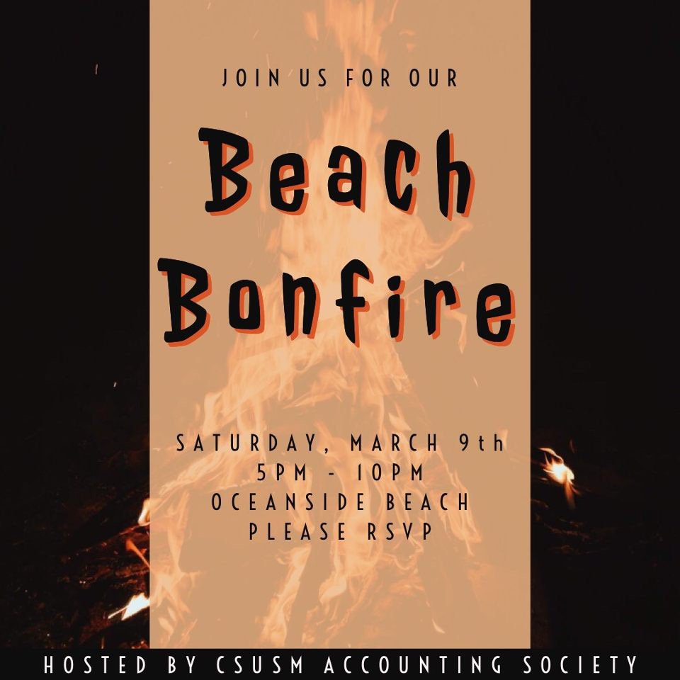 Who wants s’mores?? 🔥🔥🔥 Our beach bonfire is next Saturday, 3/9 from 5pm to 10pm! 🌙✨ RSVP here: tinyurl.com/yy5tcfw3 #csusmcoba #csusmstudentorgs #csusm