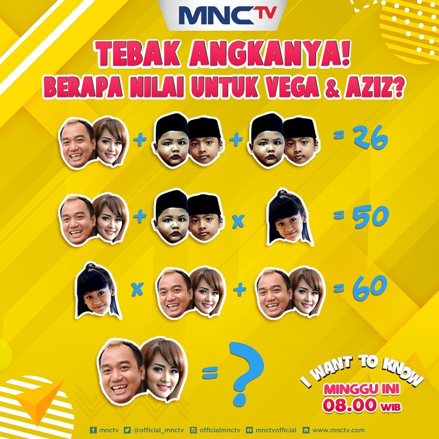 WantToKnowMNCTV's tweet photo. Halo Sobat I Want To Know! Yuk ikutan #IWantToKnowGames . Hayo tebak brp angka dr Vega &amp; Aziz? Jgn lupa, tonton #IWantToKnowMNCTV brsm bintang tamu spesial #Vegadarwanti #AzizGagap #DuaPitung &amp; gak ketinggalan Host lucu @LIFIA_LAETICIA pd MINGGU pkl 08.00 WIB @Official_MNCTV https://t.co/8QxhjyqXOI
