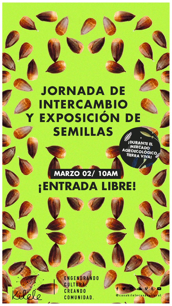 Gran intercambio de semillas en Tierra Viva 🌱
Unidos podemos lograr que las semillas se propaguen libremente y contribuyan a la producción de una comida sana, saludable y completa.
Sábado 2 Marzo / <a href="/casakilele/">Casa Kilele</a> calle 28a no. 16a-31 #Bogota #LlevoElCampo #sinmaiznohaypais