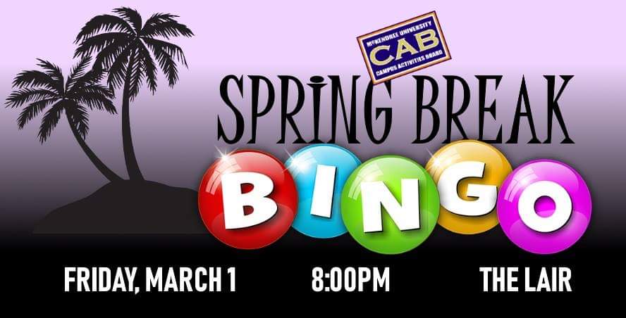 McKCAB's tweet photo. Ready for Spring Break next week?  We are too, but there's still lots to do THIS WEEK on a Purple Friday!  Catch a @McK_Baseball double header starting at noon, @McKendreeLax at 6pm, @McKCAB Food Truck Friday 6pm-9pm in the circle drive, and Spring Break Bingo at 8pm in The Lair. https://t.co/INy8Qa9Cg7