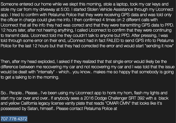 mrdav2u's tweet photo. . @UconnectCares @petaluma_police @Dodge @OfficialMOPAR
#car #GTA #help #pleasehare https://t.co/nu9ZHLfp2d