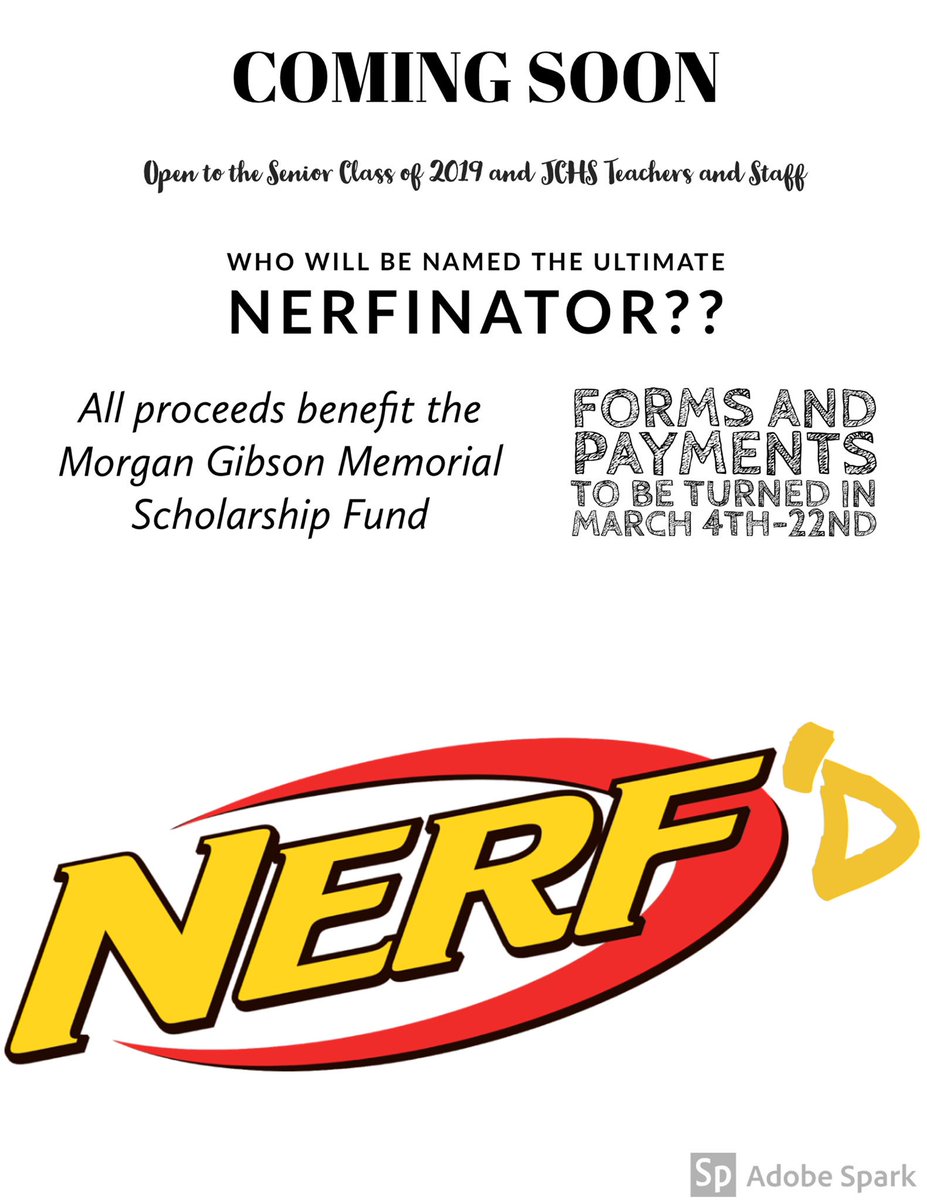 The Nerf’d sign ups have been posted!! JCHS seniors &amp; staff: keep your eye open for these flyers posted around the school. Next to them is a folder with the sign up sheet. Pick one up and turn it in w $10 to Ashley Follmer, Sydney Burnett, or Callie Wilder starting next week!