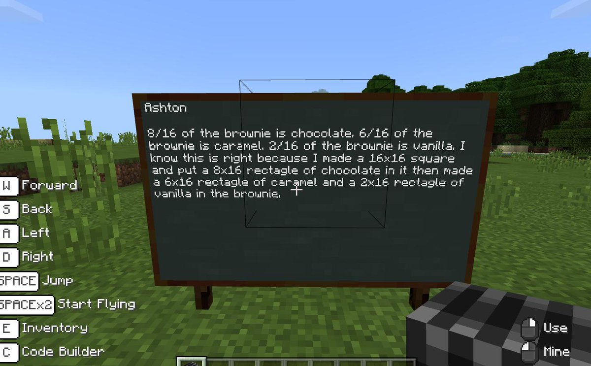 ReynoldsTeach's tweet image. Demonstrating their understanding of fractions by doing the #minecraftedu brownie challenge! Fraction village is next! @JackCallaghanPS #tldsbcode #tldsbmakers #mathness #tldsblearns @PlayCraftLearn #fractions #math