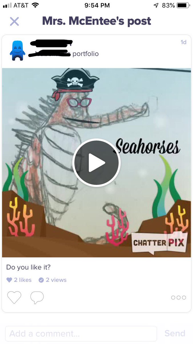 MrsMcEntee's tweet photo. The McEntee Mateys used ChatterPix to bring their informative writing on seahorses to life!! They were so proud to add their video from ChatterPix to their digital portfolios! #CCSDLD19 #proudteacher #litnccs #DLDay @ChatterPixIt @ClassDojo @GlendaleRocks https://t.co/1uvmLzJKDm