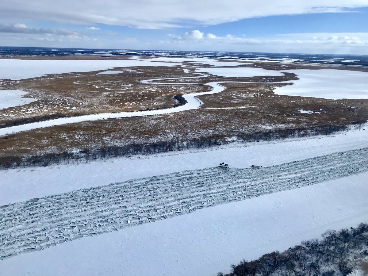 HudsonBayWQMS's tweet photo. The Provincial @amphibex crews are already prepping for #springflooding...
We spotted them from the air today!
They’re #icebreaking on the #RedRiver, from #NetleyCreek to the #NetleyCut. https://t.co/rqgZElWFfo