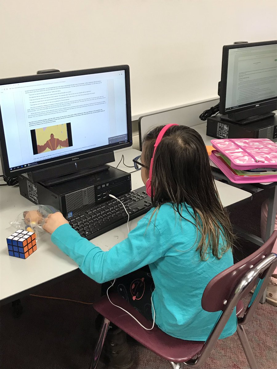 teambeckersmith's tweet photo. Living life in the lab!  DLD found #teambeckersmith working hard in the lab. Comparing  and contrasting a reading passage to a video (thanks Mrs.G for sharing) and working on Heritage brochures using Google Slides!  (Thanks Mrs. Dunn for helping get us started)  #DLD @IndyPats94 https://t.co/8Vsdt2mwgY