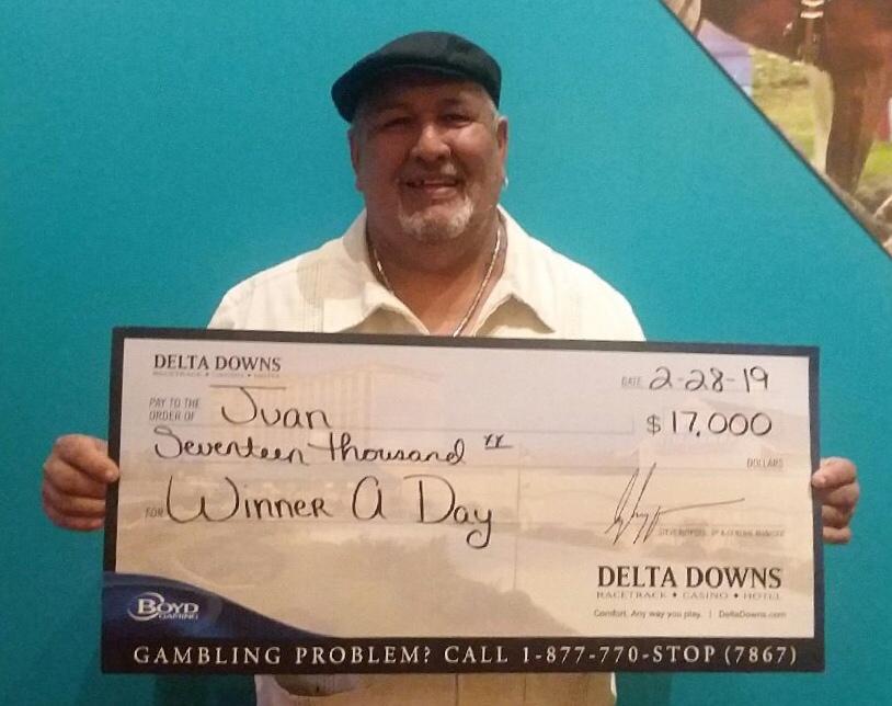 DeltaDowns's tweet photo. Now that’s a pay day! Juan took home this $17,000 CASH PRIZE in tonight’s Winner A Day drawing! Congratulations, Juan! Join us tomorrow from noon - 8:00pm for your chance to win up to $1,000 CASH! Visit https://t.co/c3Ob2UyYId for details. #WinnerADay #DeltaDowns https://t.co/ScwJB3uUzm
