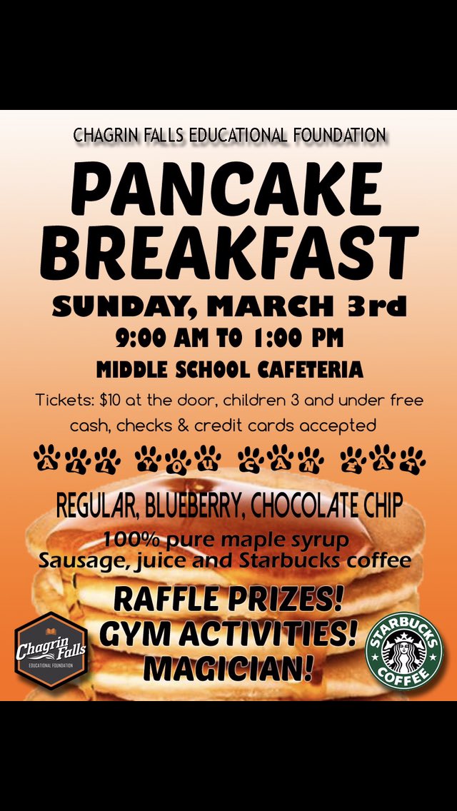 Please come to the community-wide Pancake Breakfast this Sunday and support the Chagrin Falls Educational Foundation. #CFEVS