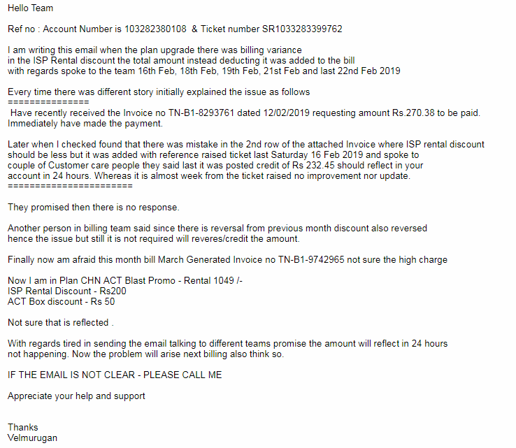 velmurugan's tweet photo. @ACTFibernet Ticket number SR1033283399762 Invoice no TN-B1-8293761 dated 12/02/2019 Variance amount Rs.270.38 . Attached the details if not clear please call me  ! https://t.co/1U77i03Rjw