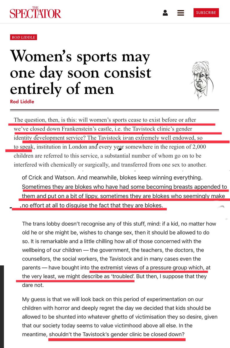 giuliana_london's tweet photo. Depraved, vomit inducing piece by Rod Liddle

“Frankenstein’s castle, i.e. the Tavistock”

“blokes who have had some becoming breasts appended”

“pressure group which, at the very least, we might describe as ‘troubled’”

“shouldn’t the Tavistock’s gender clinic be closed down?” https://t.co/Sr4w6GUSSS