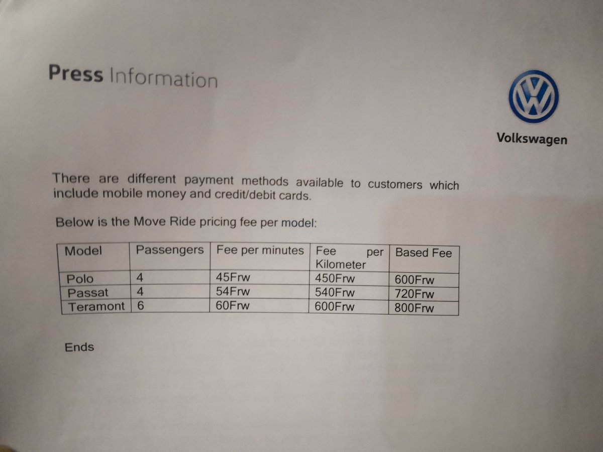 Clarity_PR's tweet photo. HAPPENING NOW:  . @VWRwanda launches  #MoveRide, a ride hailing service using an App on Apple iOS &amp; Android smartphones.   Fares for the rides were announced for #Polo #Passat #Teramont.          On avg. the service has had 120 users per day. #clarityonafrica #MoveRidelaunch https://t.co/enEDgKrzy4