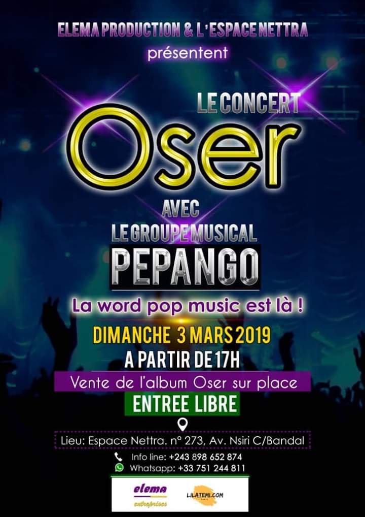 PEPANGO's tweet photo. Jour J - 2 ! Ne manquez pas le concert #Oser ce dimanche à Bandal c'est Paris ! Entrée libre. Infoline :  +243898652874/+33751244811 (Whatsapp ) @VoilaNight @TopCongo @AfricellRDCongo @airtelrdc @Antenneatv @Radio_Africa1 @BralimaCongo @Vodacomcongo @LaTeam243 @mixcongolaise https://t.co/IhbBIPrOb7