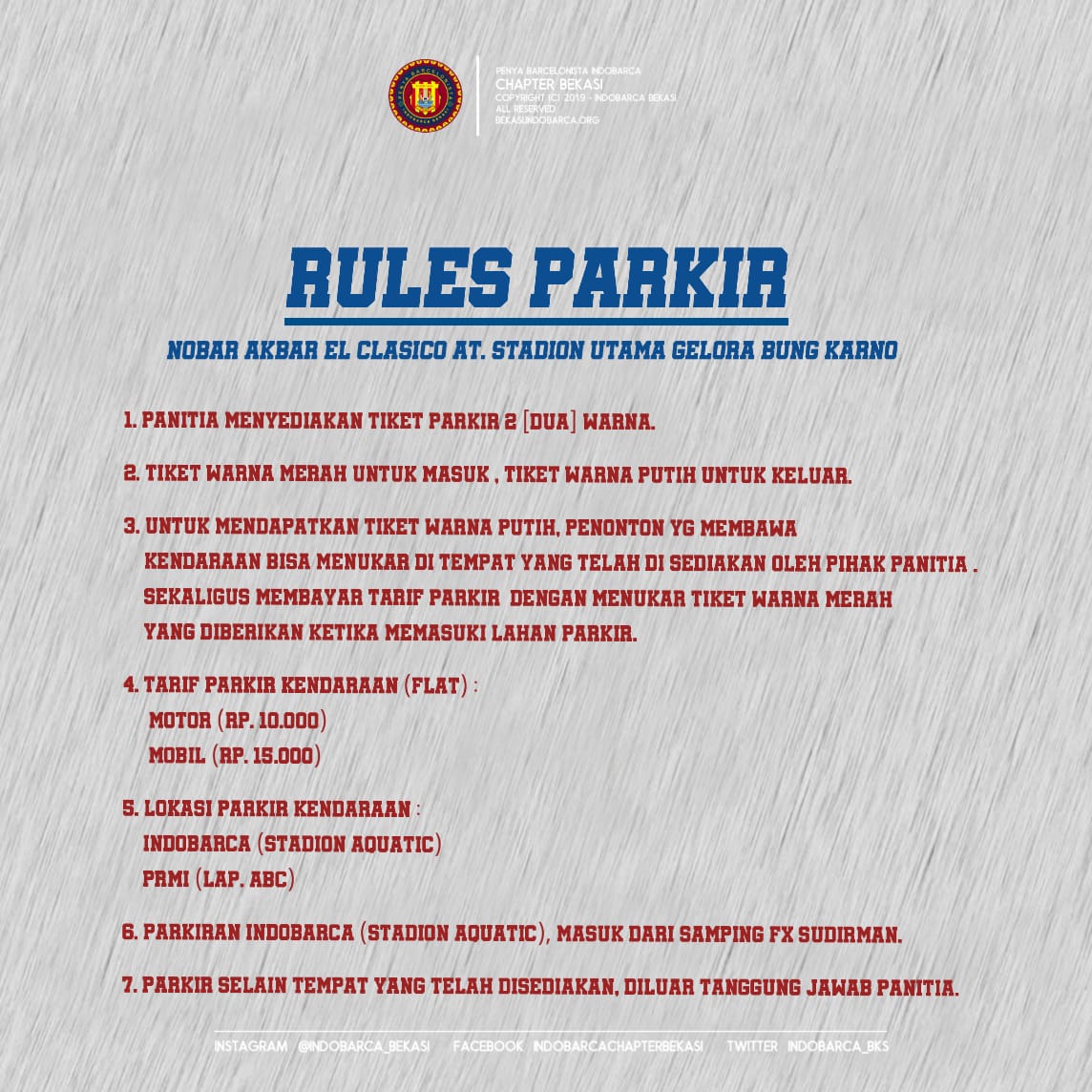 INDOBARCA_BKS's tweet photo. Nah, untuk rules parkirnya simak baik baik gambar di bawah yaa gais. 👇

#nobarakbar #elclasico
#jagagkb https://t.co/GmxQYXIxoY