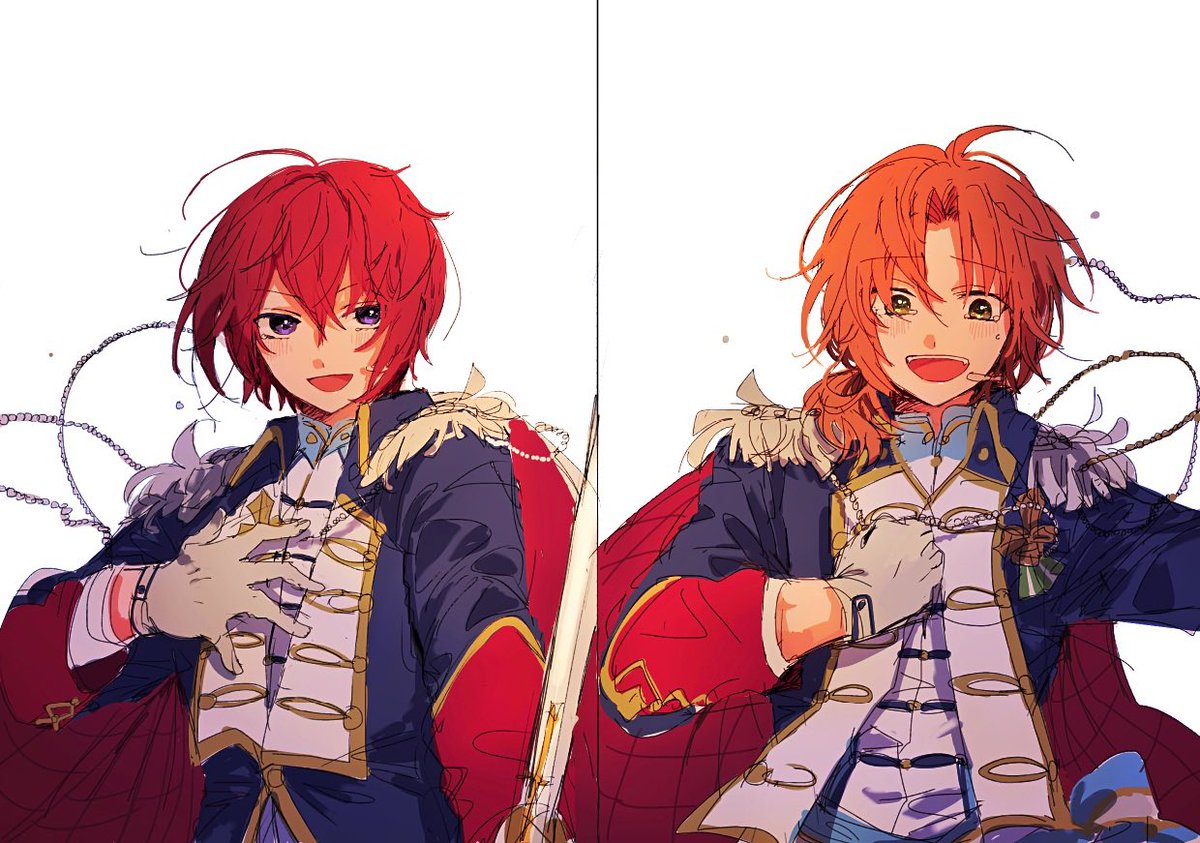 multiple boys 2boys male focus red hair gloves white gloves epaulettes  illustration images