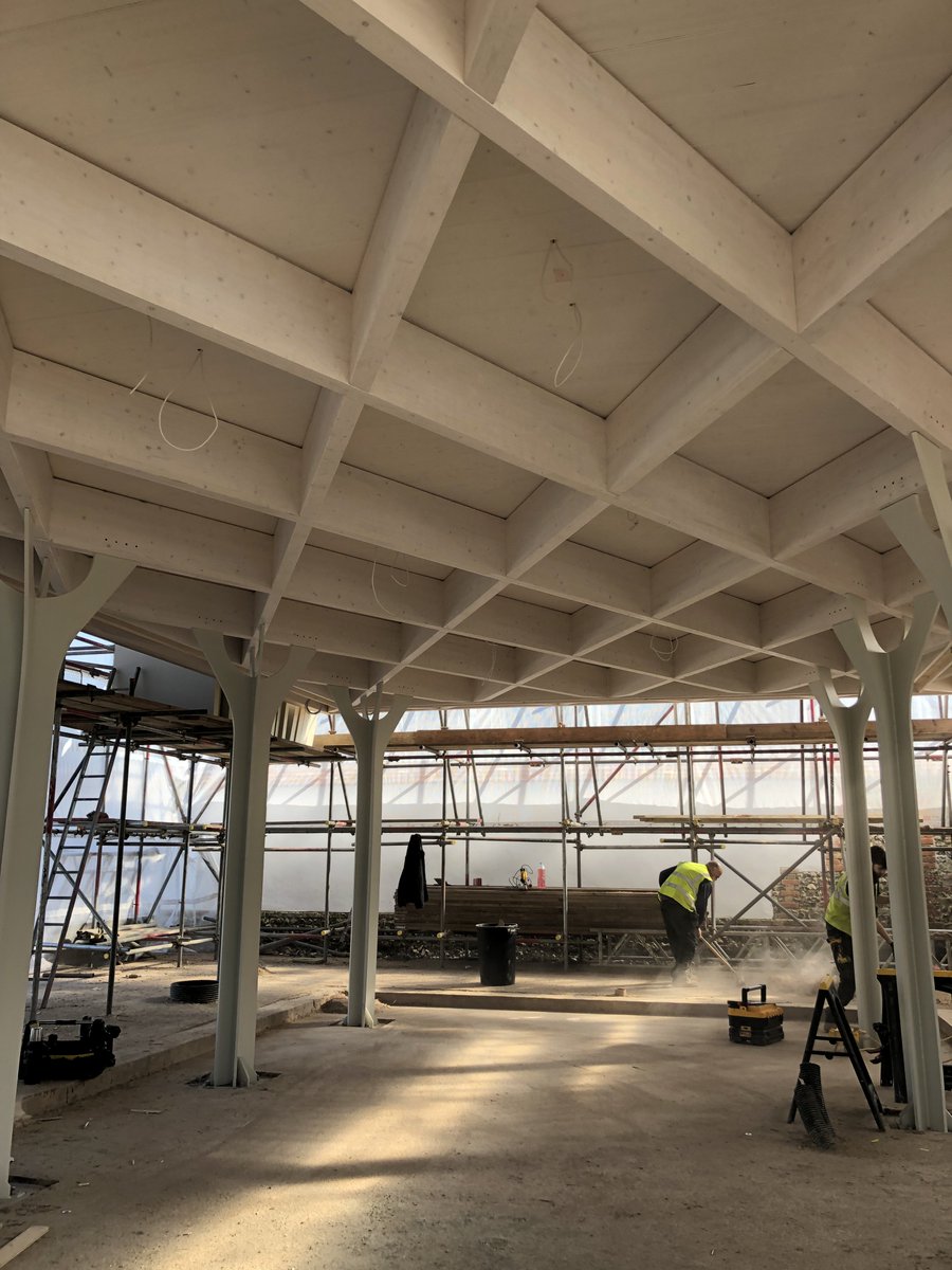 greenwayarch's tweet photo. Yesterday’s site visit to our building in Wiltshire. Laminated timber structure supported on steel trees. https://t.co/mTfcVY6HZ1