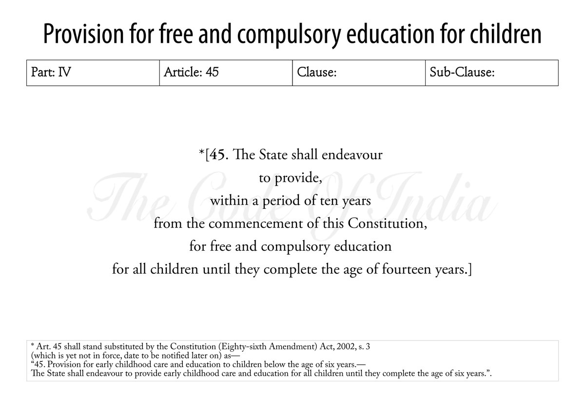 Provision for free and compulsory education for children #Article45 #Upto6 #Article21A #6to14 #EducationInIndia #86thAmendment #Part4 #DirectivePrinciplesOfStatePolicy #DPSP #DirectivePrinciples #India #TheConstitutionOfIndia #TheCodeOfIndia