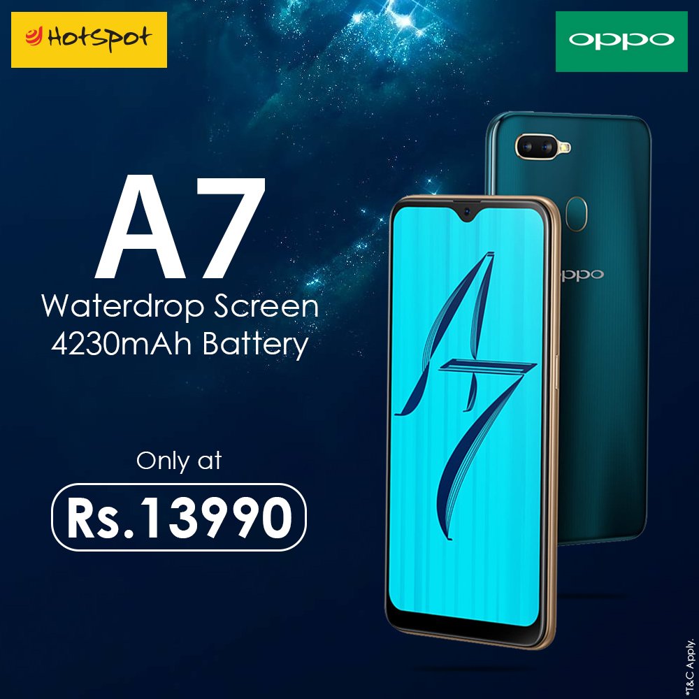HotspotOfficiel's tweet image. Presenting the stylish and trendy #OppoA7 with
-#Waterdropscreen specially designed for an #immersiveviewing experience and 
-Powerful #4230mAhbattery which gives an excellent battery life. Available for purchase at your nearest Hotspot Store. 
T&amp;amp;C Apply. #Oppo #Smartphone