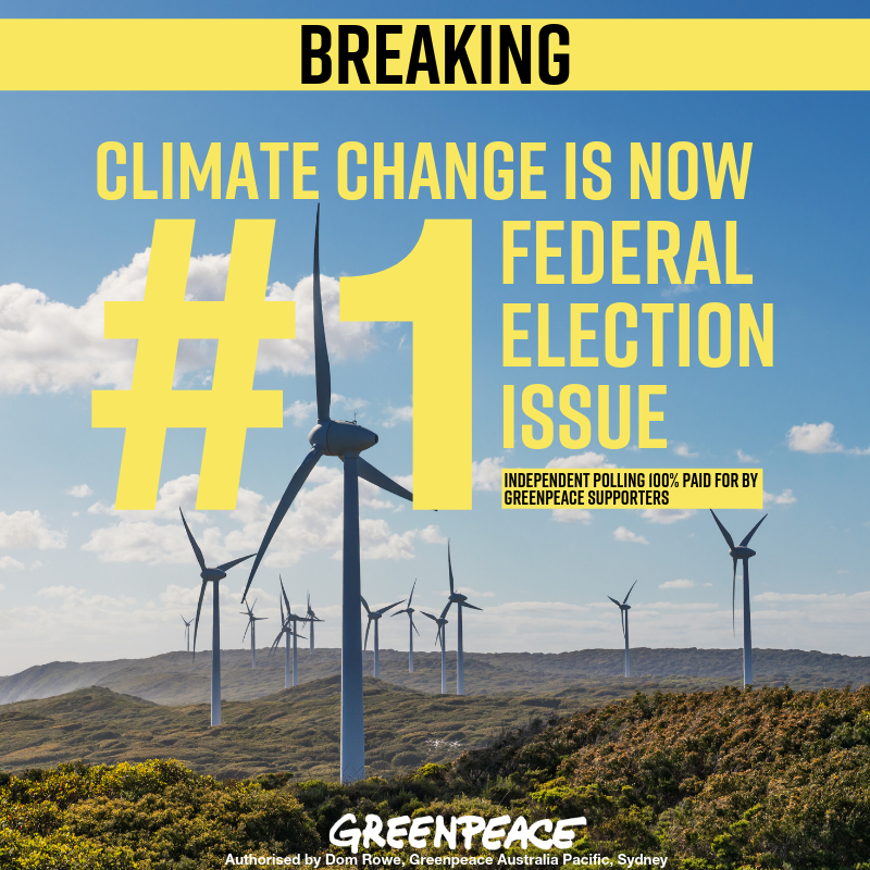 GreenpeaceAP's tweet photo. BREAKING: New independent polling:

😎 Climate change / environment is now #1 election issue for Australian voters
 
🤩 2/3 of voters think Scott Morrison’s policies aren’t enough to tackle #climatechange  

Take action: https://t.co/uxYwfycIZJ https://t.co/GOTboNtWuT