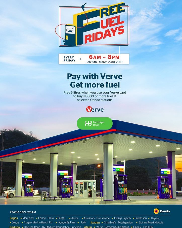 heritagebankplc's tweet photo. Guess what? It's FREE-FUEL-FRIDAY ๐บ๐บ๐บ Get extra 5-litres of fuel at Oando when you buy more that N3,000 fuel & pay with your Heritage Bank Verve Card.
.
.
#TGIF #FreeFuelFriday #Friday https://t.co/fRBLIRCpuy