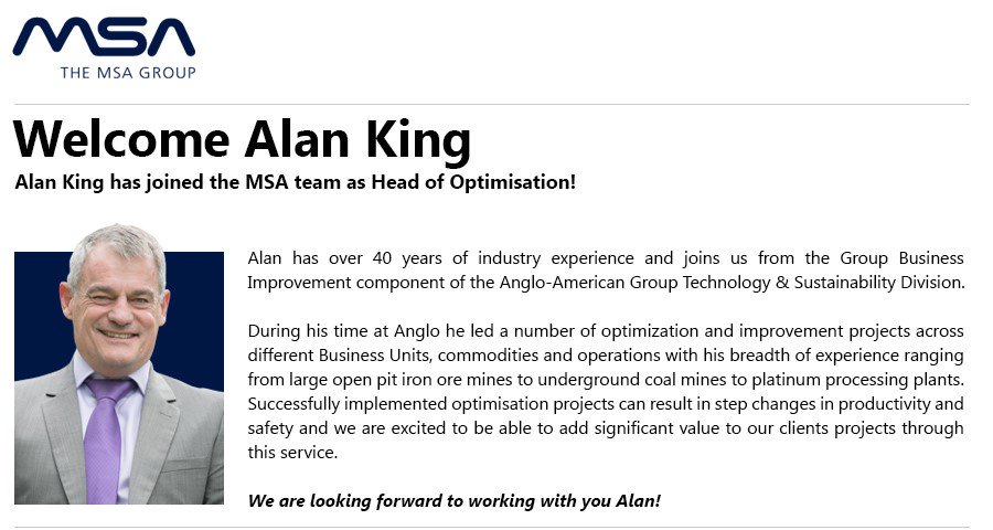 <a href="/TheMSAGroup/">The MSA Group</a> is pleased to welcome Alan King to our team!
ow.ly/l10D30nSBPH
#mining #optimisation
