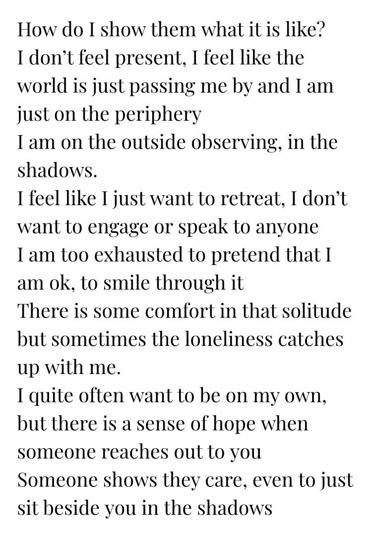 BehindTheSmile0's tweet photo. How do we describe to others how it feels to have #depression or #anxiety ? These words poured out of me at a low time. If anyone can relate to these words and it helps them articulate their feelings then it’s worth it #canyourelate #MentalHealthMatters #poetry #poem #feelings https://t.co/NCqLVaWZrK