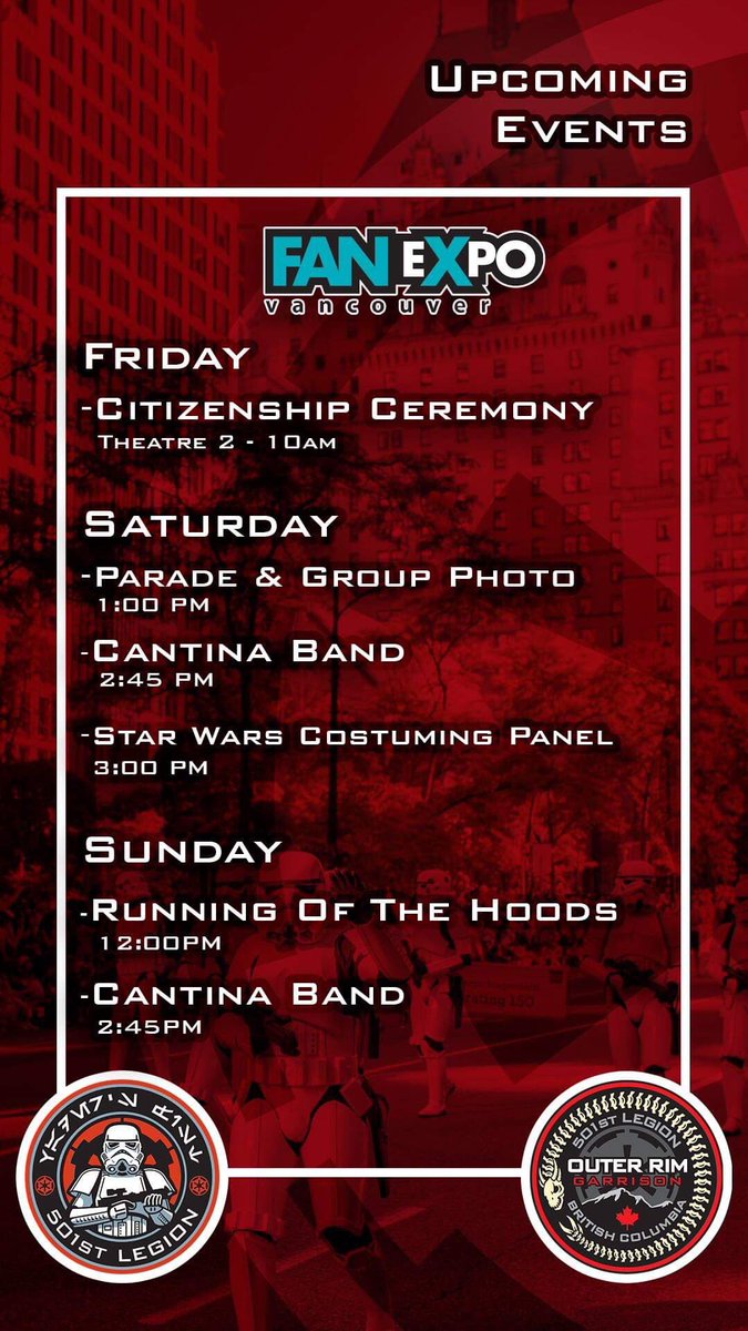 Outerrim501st's tweet photo. With @FANEXPOVAN starting tomorrow we'll have no shortage of fun things to keep an eye on! Here's a bit of the fun we'll be having this weekend! https://t.co/7hQyuGVse2