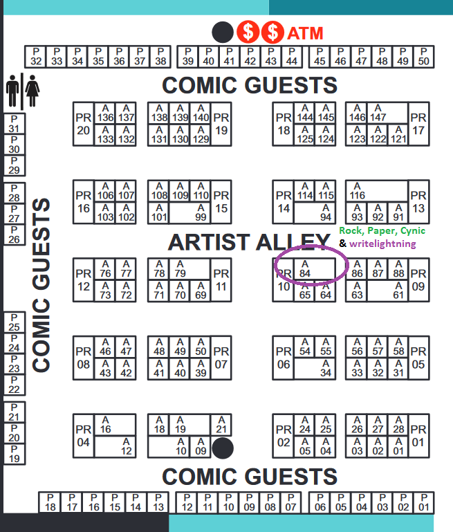 writelightning's tweet photo. Here is a handy map of Artist Alley for @FANEXPOVAN. I have lots of hilarious @rockpapercynic t-shirts and books waiting for you to wear and/or read! https://t.co/DYRuLbPg2n