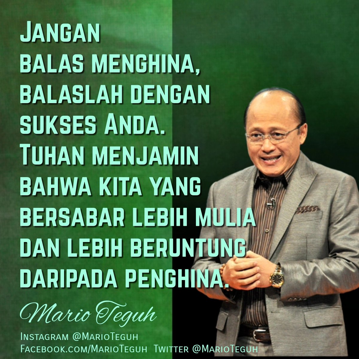 Tersenyumlah di hadapan hinaan. Orang yang menghina orang sabar adalah orang hina yang sesungguhnya.

Tuhan menjadikan orang yang menghinamu sekarang sebagai tanda engkau akan melampauinya nanti. Bersabarlah.

Mario Teguh

Anda setuju? 💖💝💗