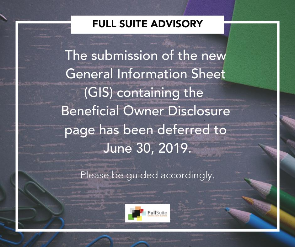 fullsuite's tweet photo. Please be informed that by June 30, 2019, filers are expected to
use and submit the new GIS containing the Beneficial Ownership Disclosure page. This was deferred from the original date March 1, 2019.

Please be guided accordingly. https://t.co/Er02AtUOu8