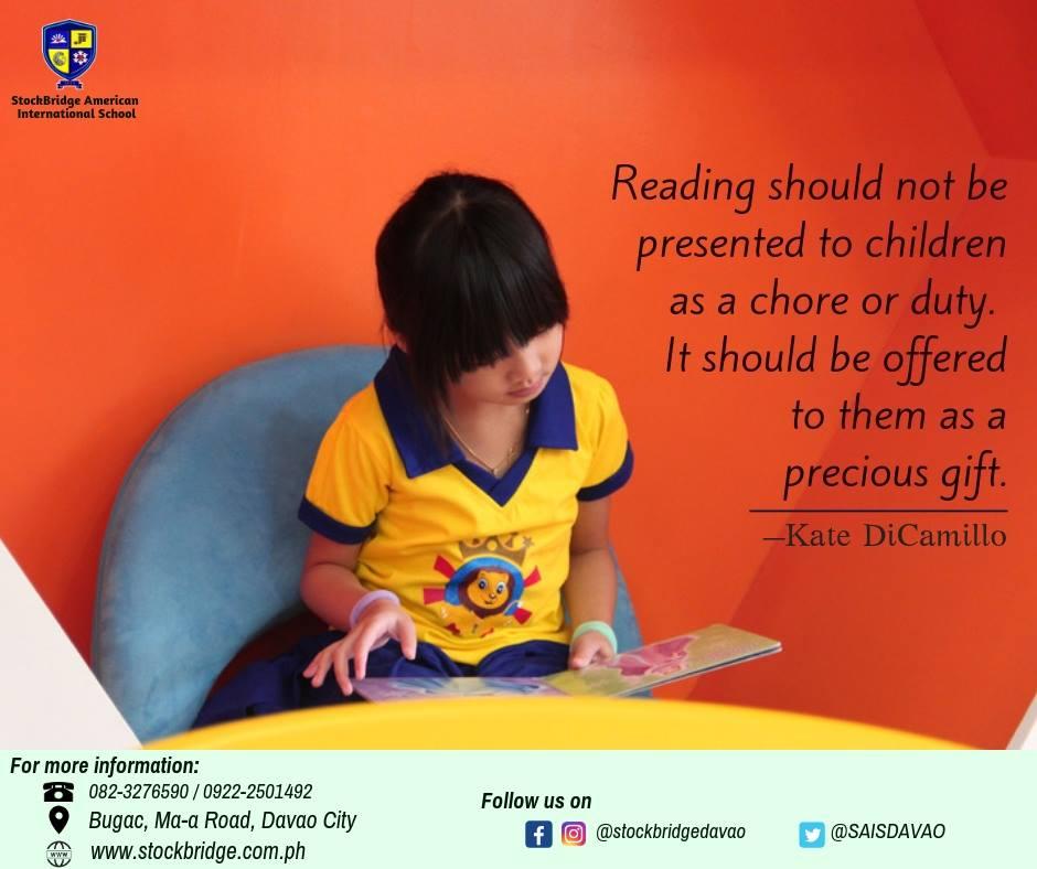StockBridgeIntl's tweet photo. Reading should not be presented to children as a chore or duty. It should be offered to them as a precious gift. 📚💖 — Kate DiCamillo

#Preschoolers #k12programs #earlychildhoodprogram #Prekindergarten #Primaryschool 
https://t.co/sHqX127UIG https://t.co/swzidmJuij