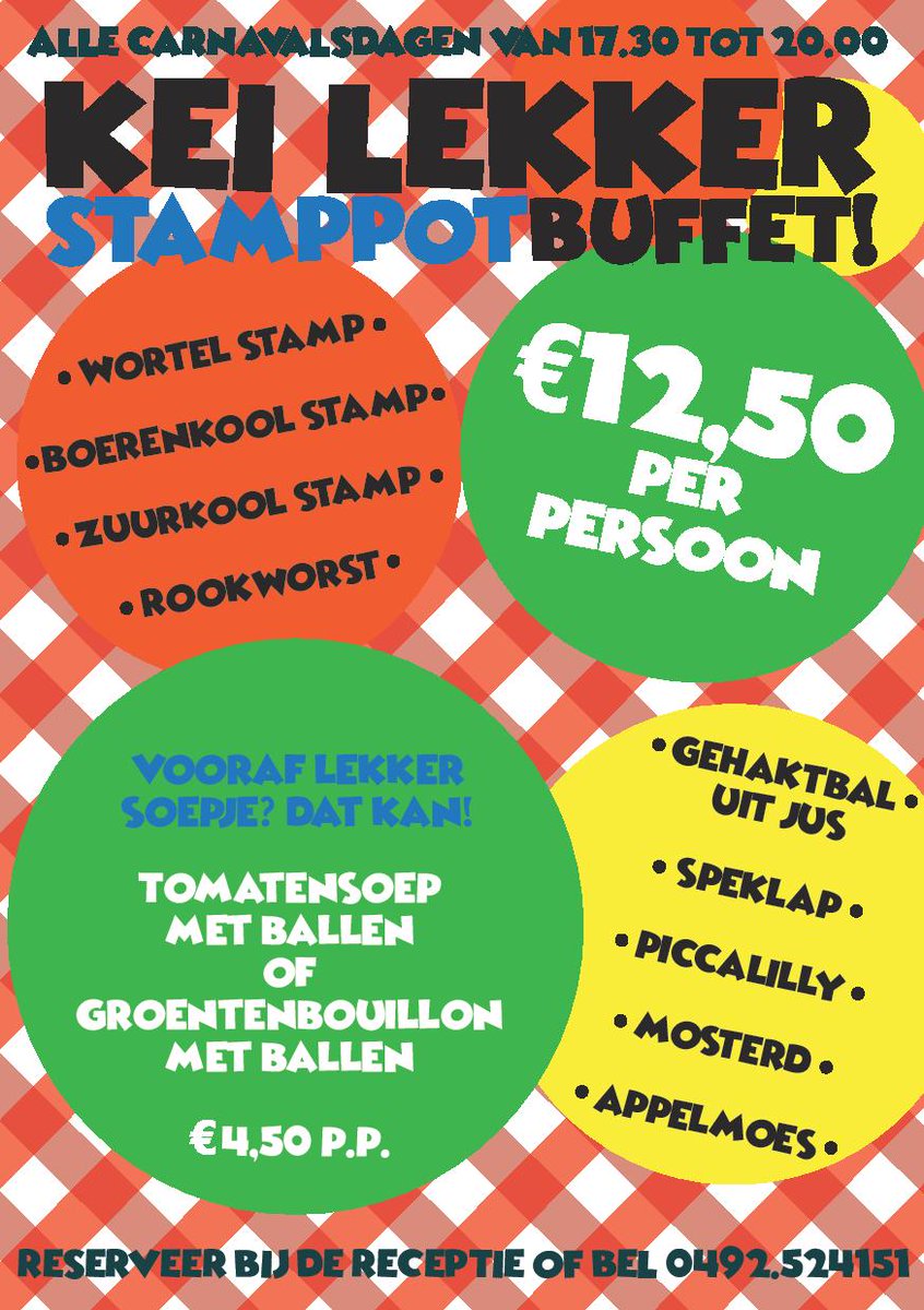 Wij willen jullie allemaal een hele fijne carnaval wensen!

Bij onze collega's van Golden Tulip Hotel <a href="/West_Ende/">West-Ende</a> is tijdens de carnaval een heerlijk stamppot buffet verkrijgbaar!

Reserveren kan via 0492 - 524 151

Alaaf! 🎉😋