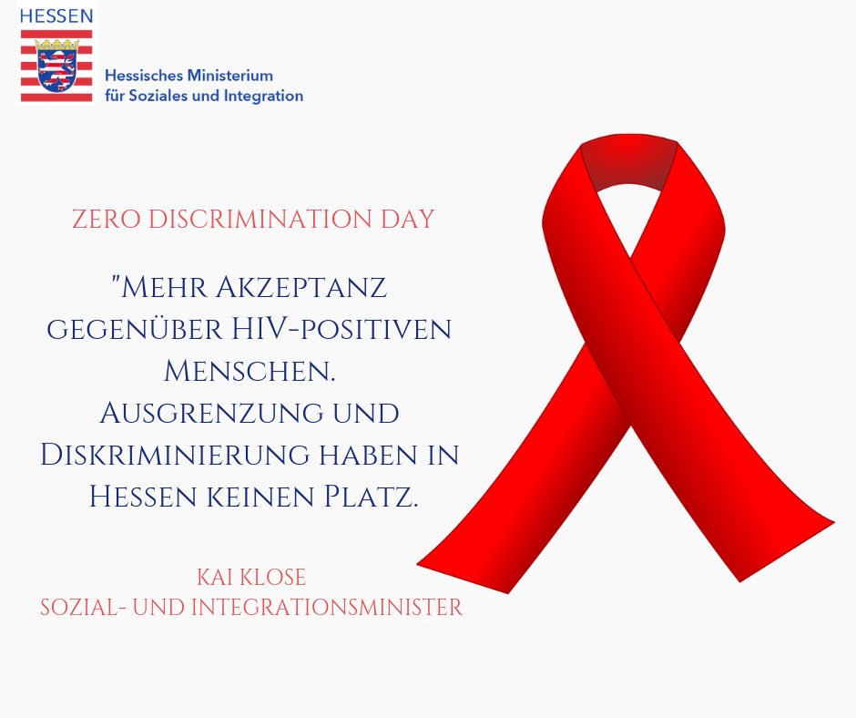 SozialHessen's tweet photo. #zerodiscrimination – @StM_Klose: Mehr Akzeptanz gegenüber #HIV-positiven Menschen. Wir wirken Stigmatisierung und Ausgrenzung aktiv entgegen. Ausgrenzung und #Diskriminierung haben in Hessen keinen Platz. https://t.co/6Ujk5kIVtG
